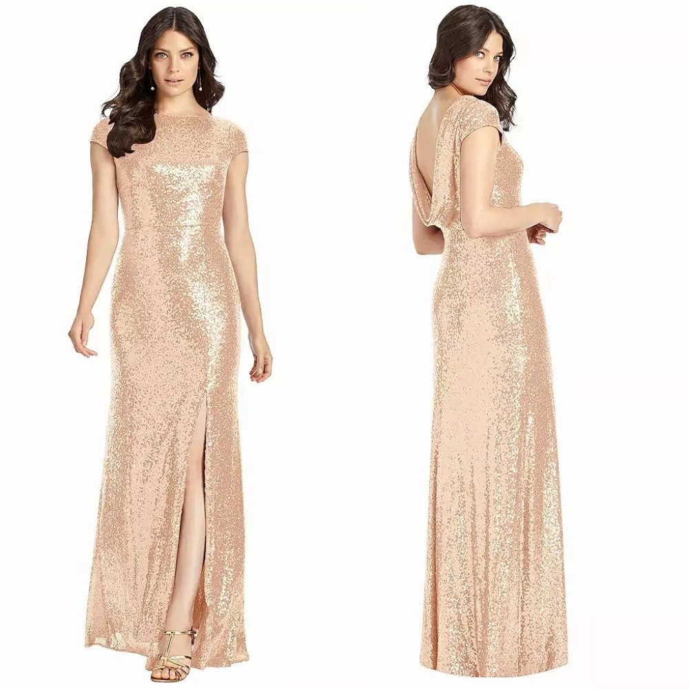 Dessy Collection Cap Sleeve Sequin Gown with Cowl-Back & Front Slit Rose Gold